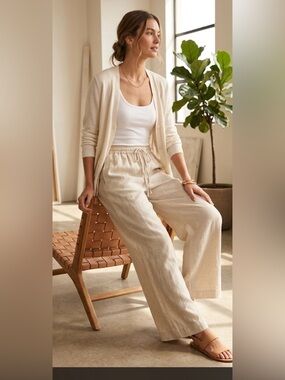 Max Studio Linen-Blend Drawstring Wide-Leg Pants - Light Beige - Sz Large - NWT
